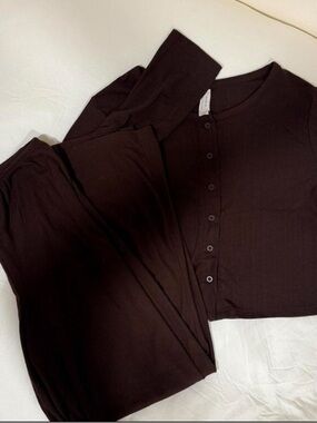 Auden Ribbed Pajama Cardigan and Pants Set - Brown